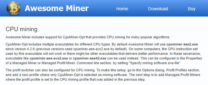 Awesome Minerにあるcpuminer-optの説明文