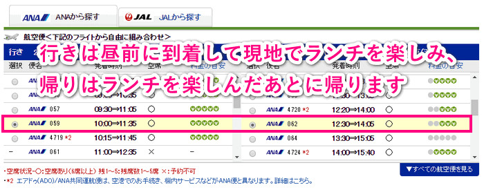 全日空で予約する往復便の時間