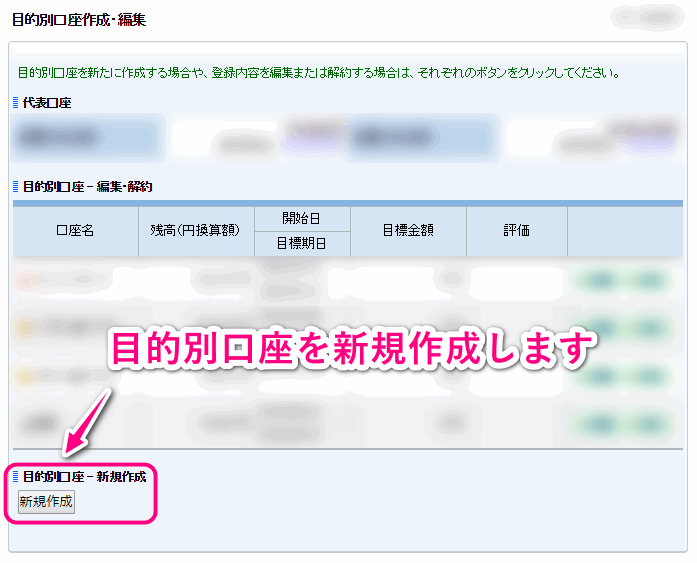 目的別口座を新規作成